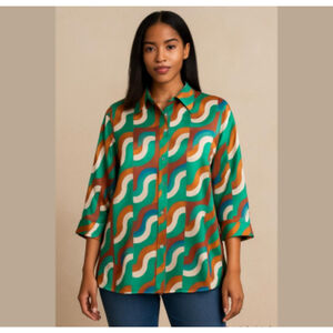 Zara printed multicoloured button shirt kimono sleeves silky fabric oversized S